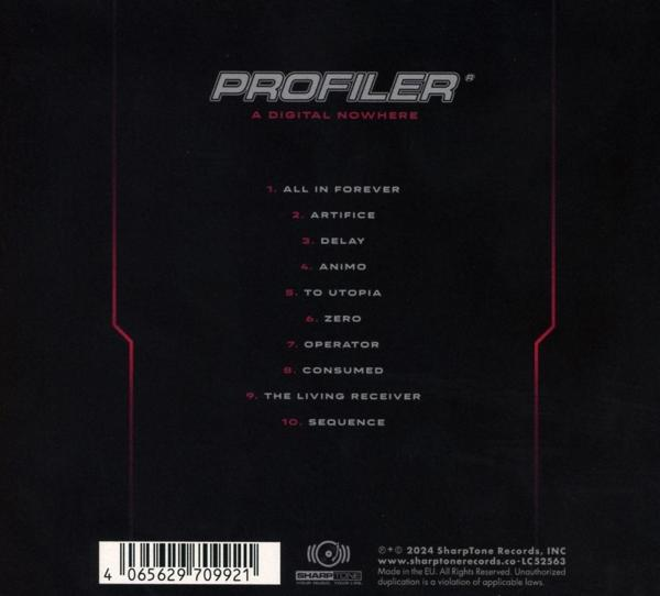 CD-Rückseite mit Songtiteln und Copyright-Details, roter Text auf schwarzem Hintergrund.