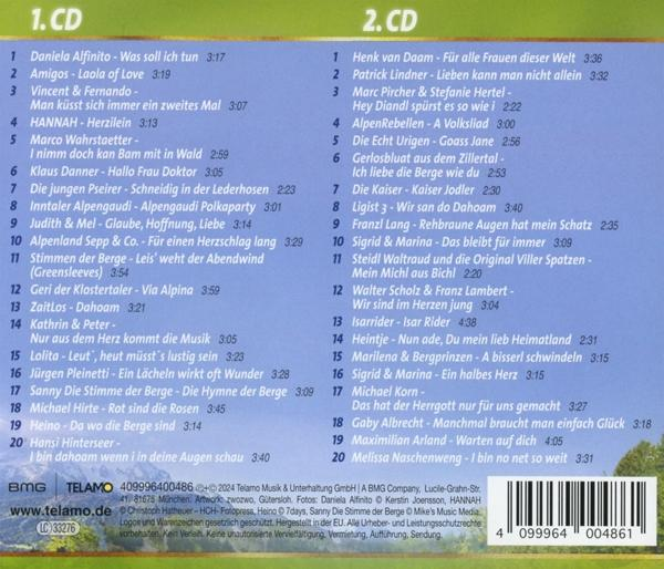 Die Rückseite einer CD mit Titellisten. Der Hintergrund zeigt eine Landschaft mit einem blau-grünen Farbverlauf.
