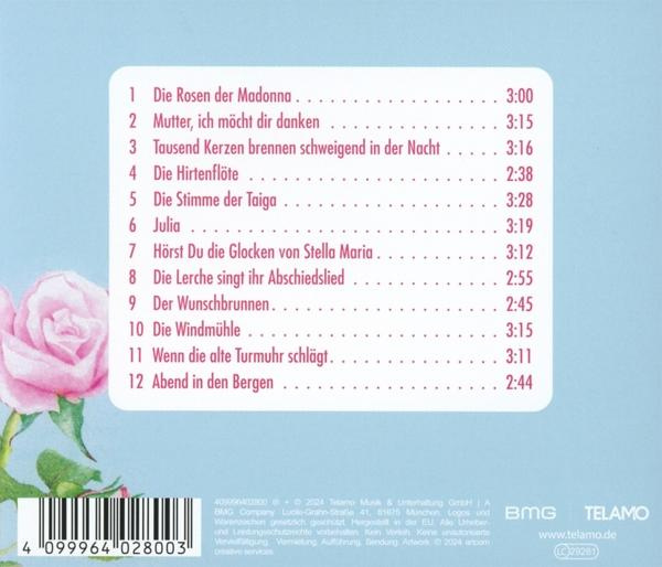 Rückseite einer CD mit Titelliste und Rose.