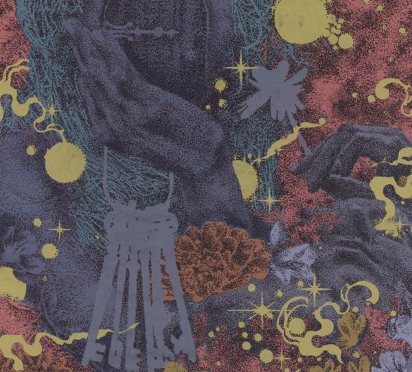Abstrakte Illustration mit dunkelblauem Hintergrund. Figuren und Muster sind im Bild sichtbar.