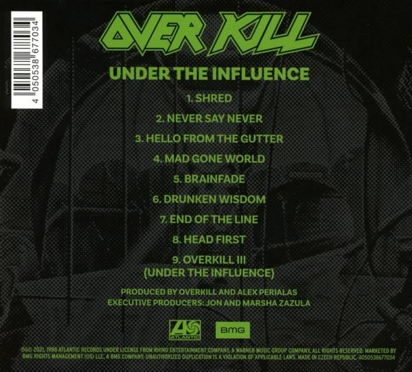 CD-Cover für Overkills "Under The Influence" mit Songliste und Album-Info.