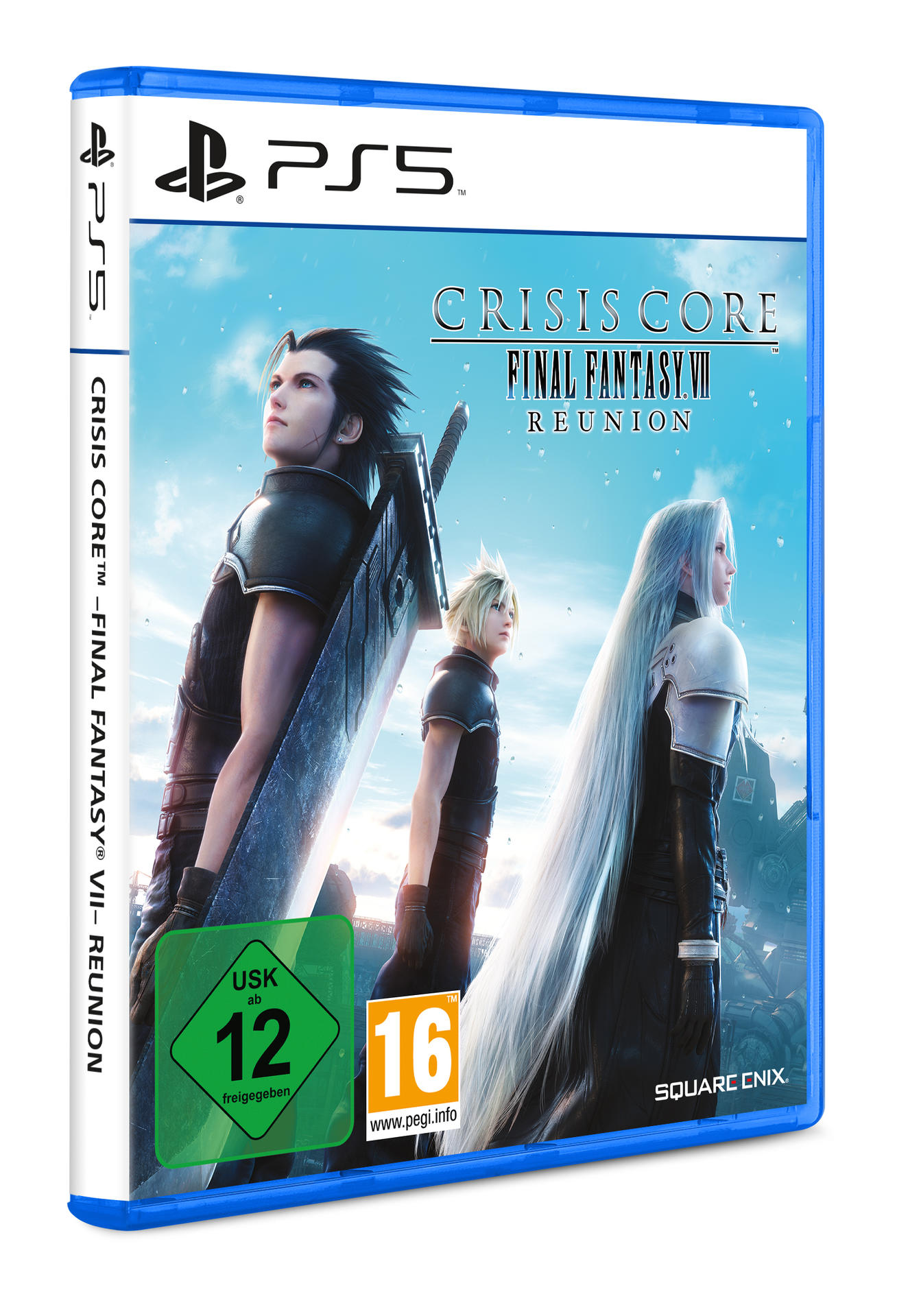 Spielbox: Crisis Core: Final Fantasy VII Reunion. Artwork zeigt drei Charaktere.
