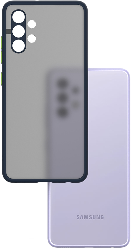 Egy telefontok hátulja, átlátszó szürke sötétkék szegéllyel, egy lila telefon mellett.