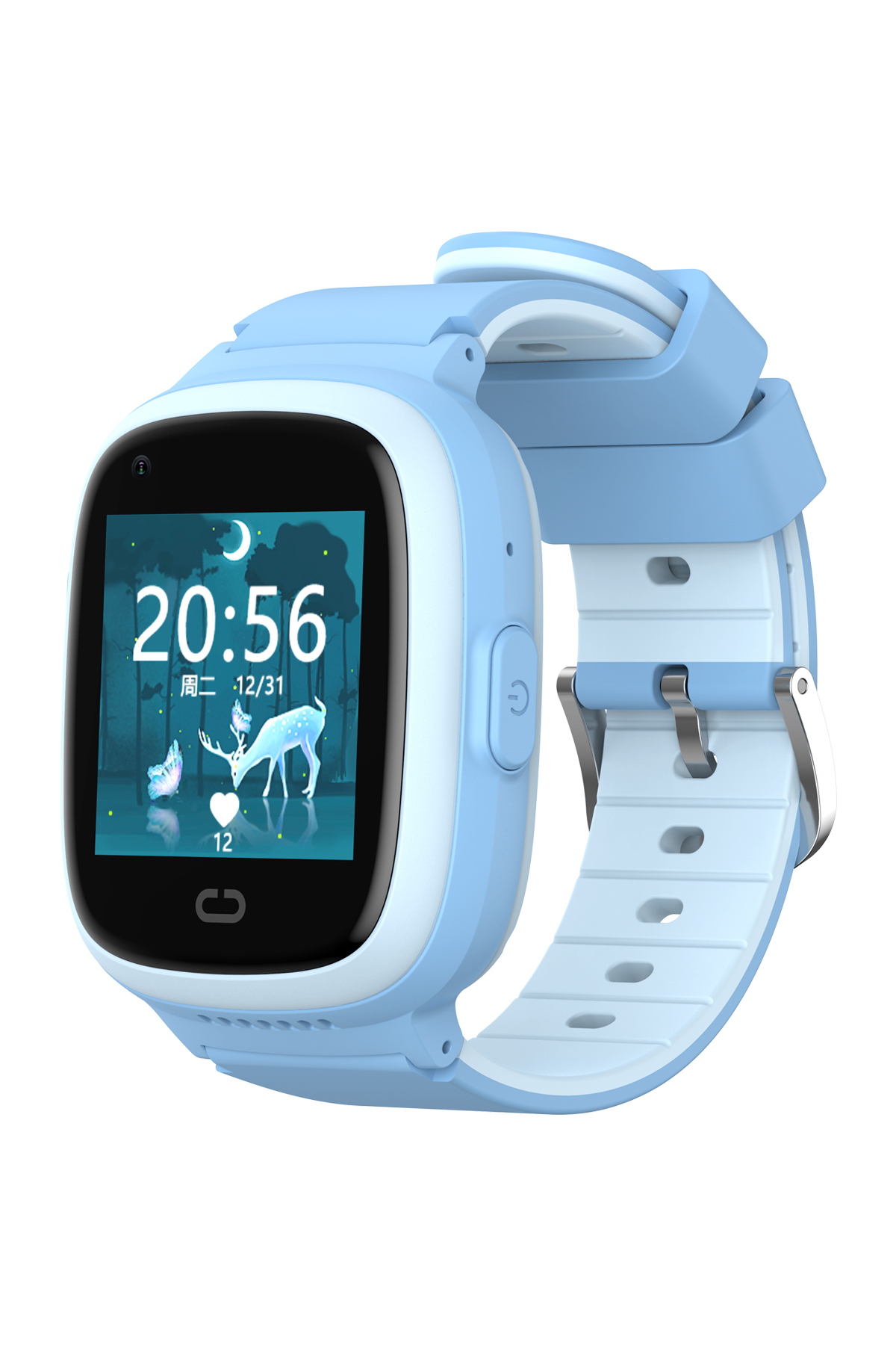 Zamanı, geyiği ve ayı gösteren siyah ekranlı mavi akıllı saat. Açık mavi kayış.
