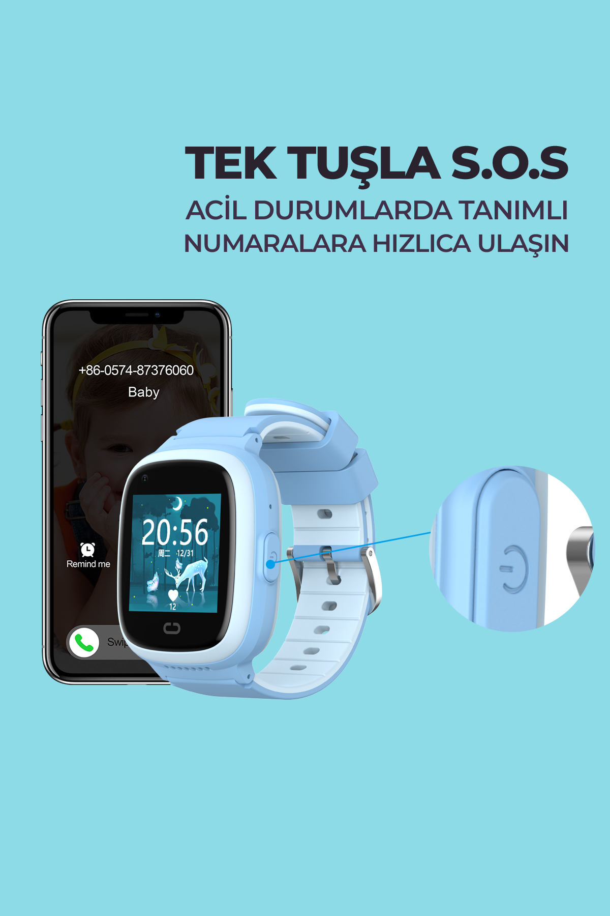 Mavi ve beyaz bir akıllı saat ve bir telefon.