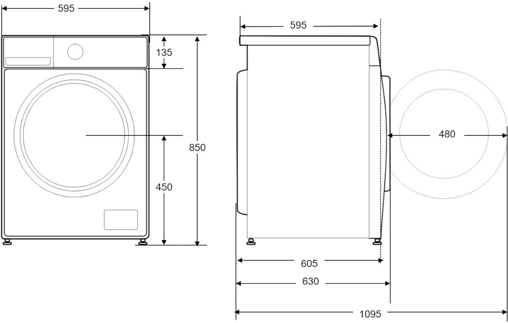 Diagram van een wasmachine. Toont voor-, boven- en zijaanzicht met afmetingen in mm.