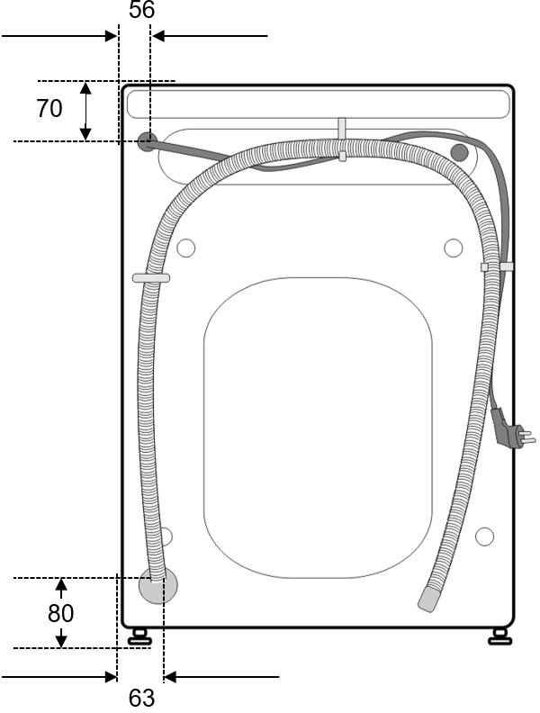 Diagram van de achterkant van een wasmachine. Inclusief afmetingen en details van slangen en aansluitingen.