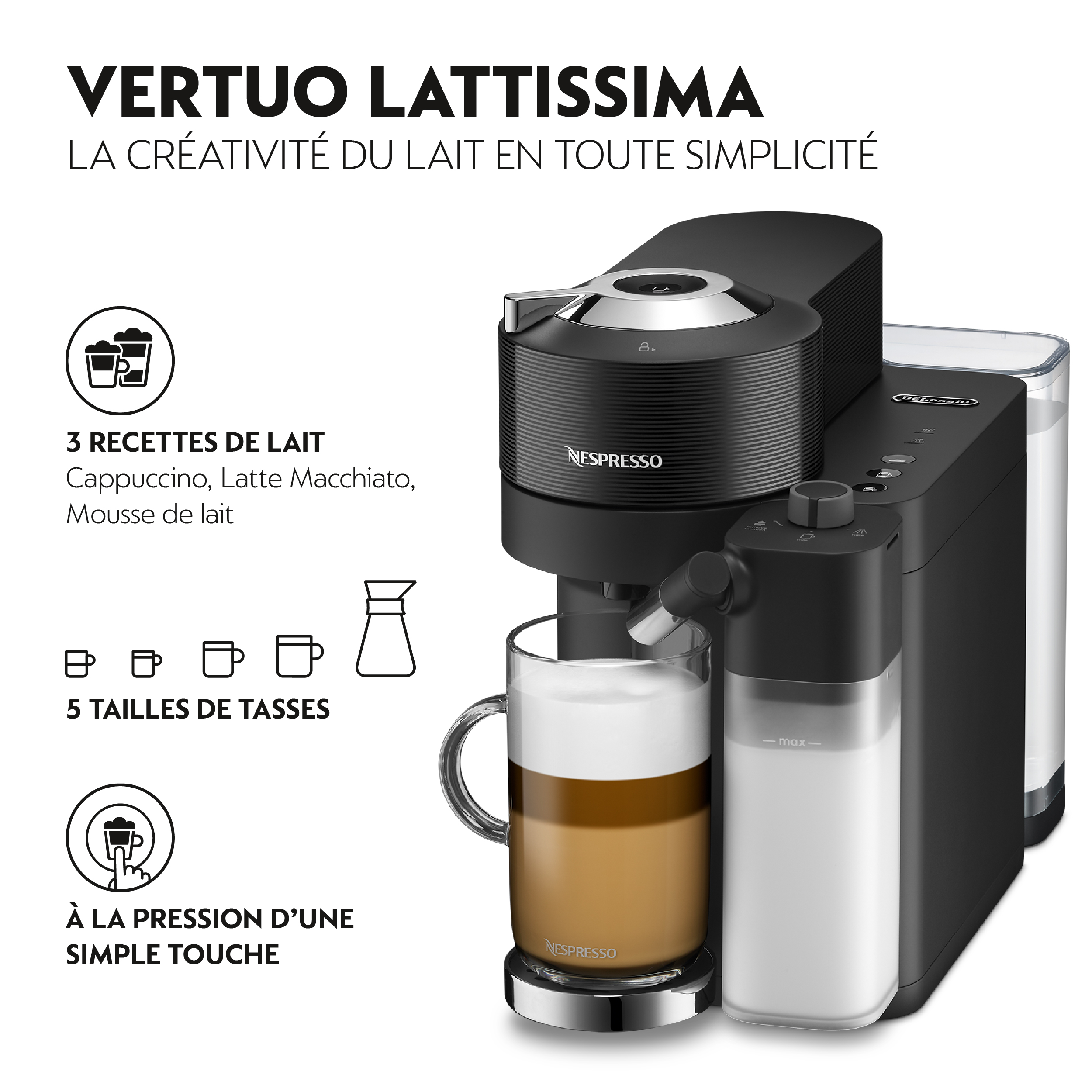 Une machine à café Nespresso Vertuo Lattissima noire, avec du lait et une tasse.