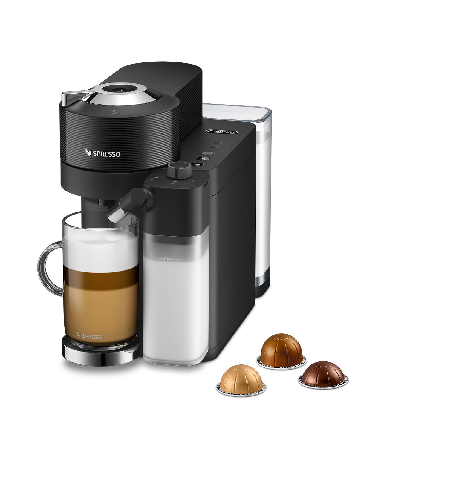 Nespresso coffee machine with a glass, and a coffee cup with milk. There are coffee pods.