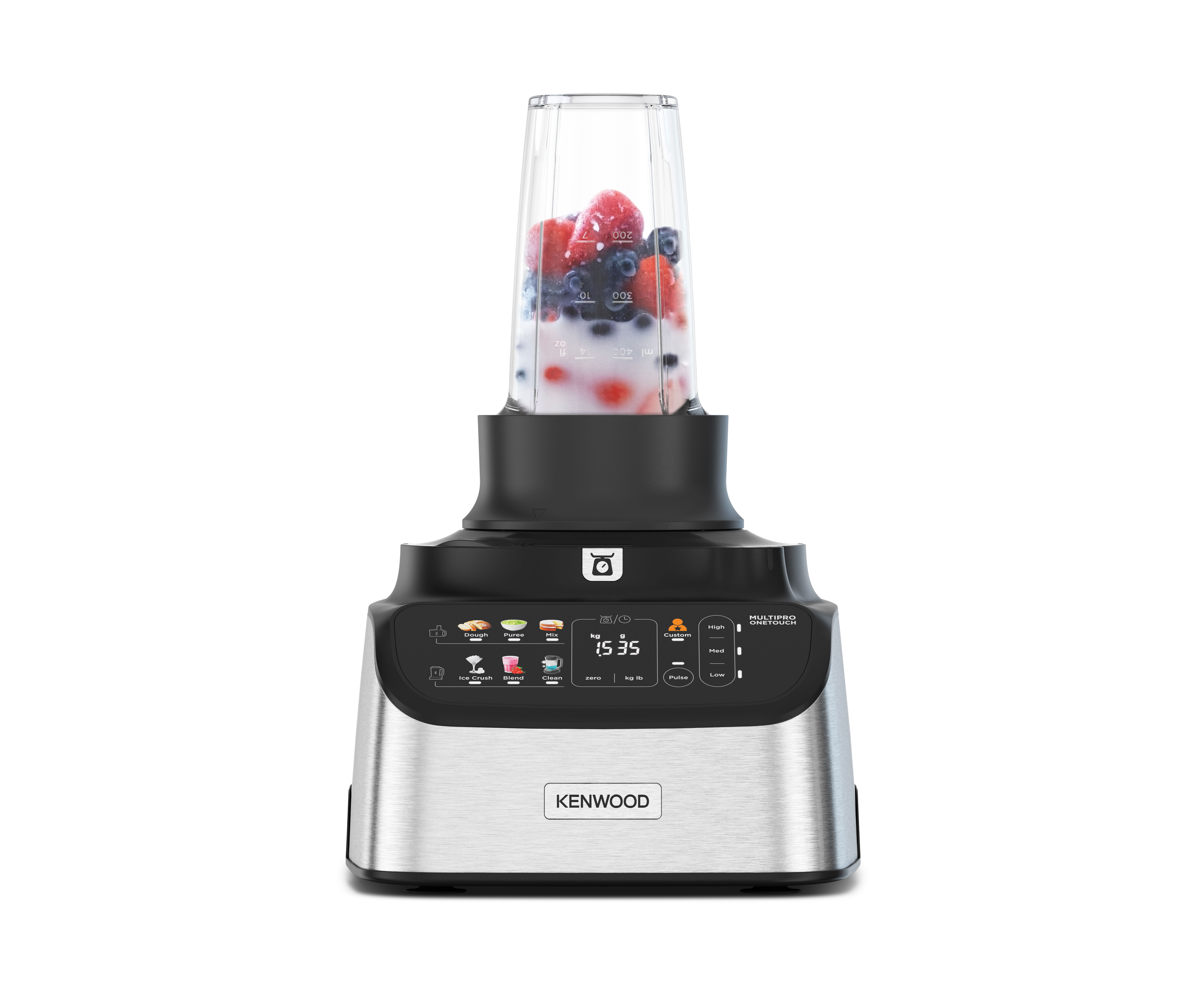 Kenwood-Mixer mit Glasbehälter voller Beeren, Edelstahlbasis und Bedienknöpfen.