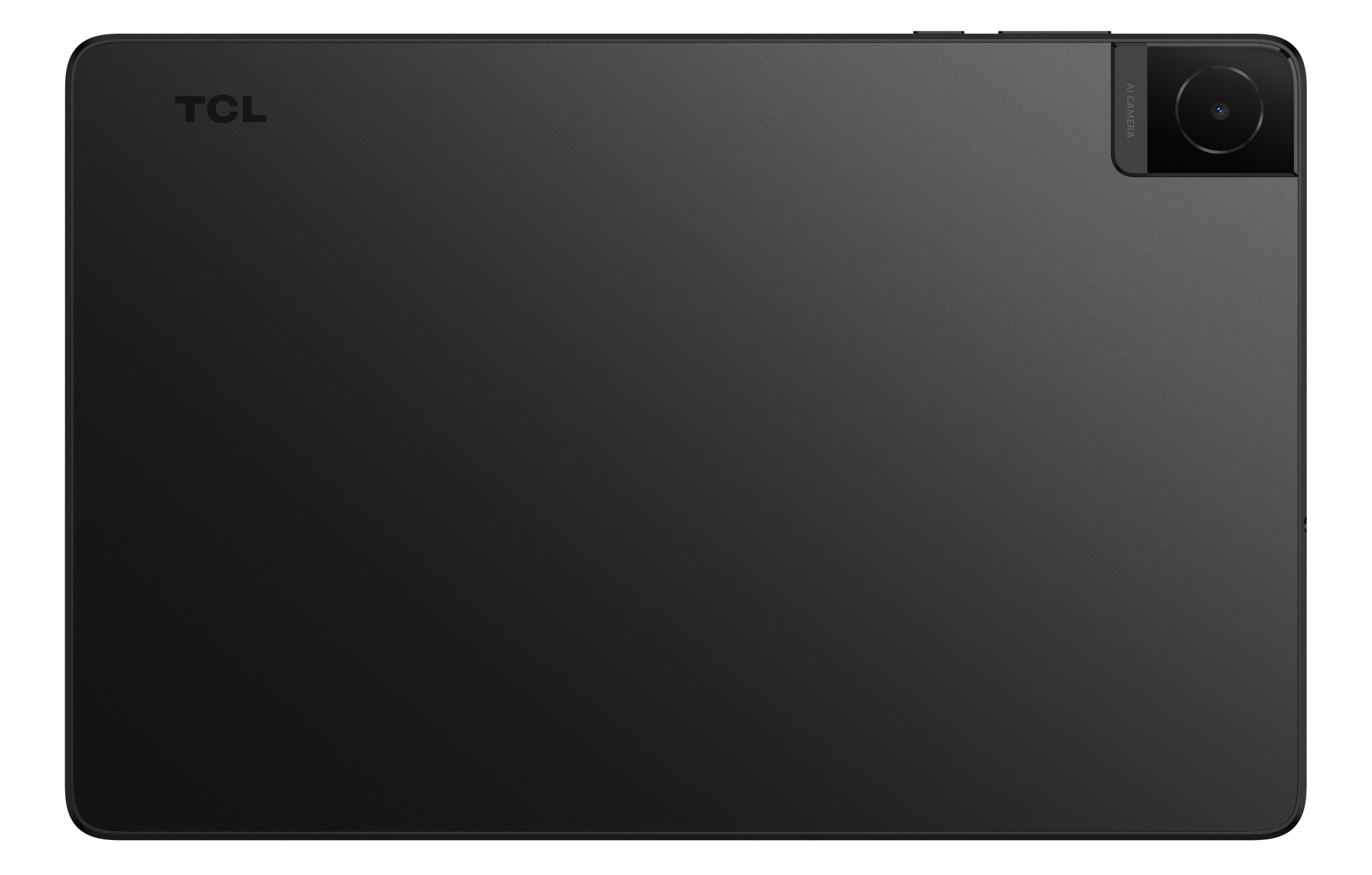 Czarny tablet, widok z tyłu, logo TCL, aparat, czarne tło.