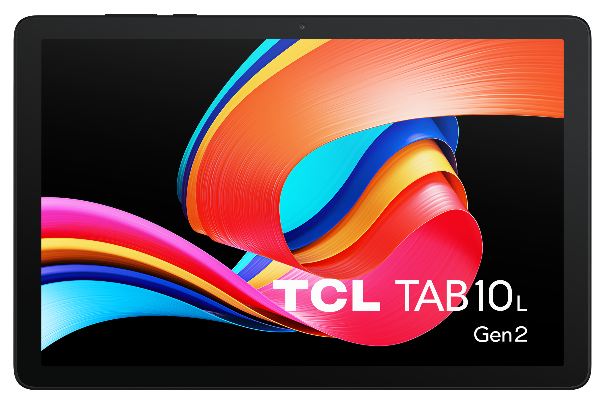 Tablet TCL wyświetlający kolorowy, abstrakcyjny wzór. Czarna ramka, tekst TCL TAB10L Gen2 na ekranie.