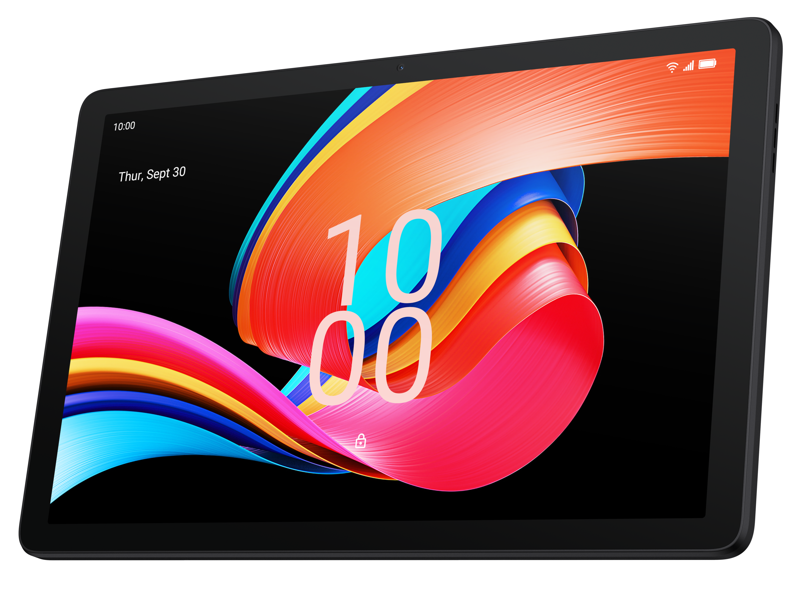 Tablet z kolorowym tłem na ekranie, a godzina to 10:00 30 września.