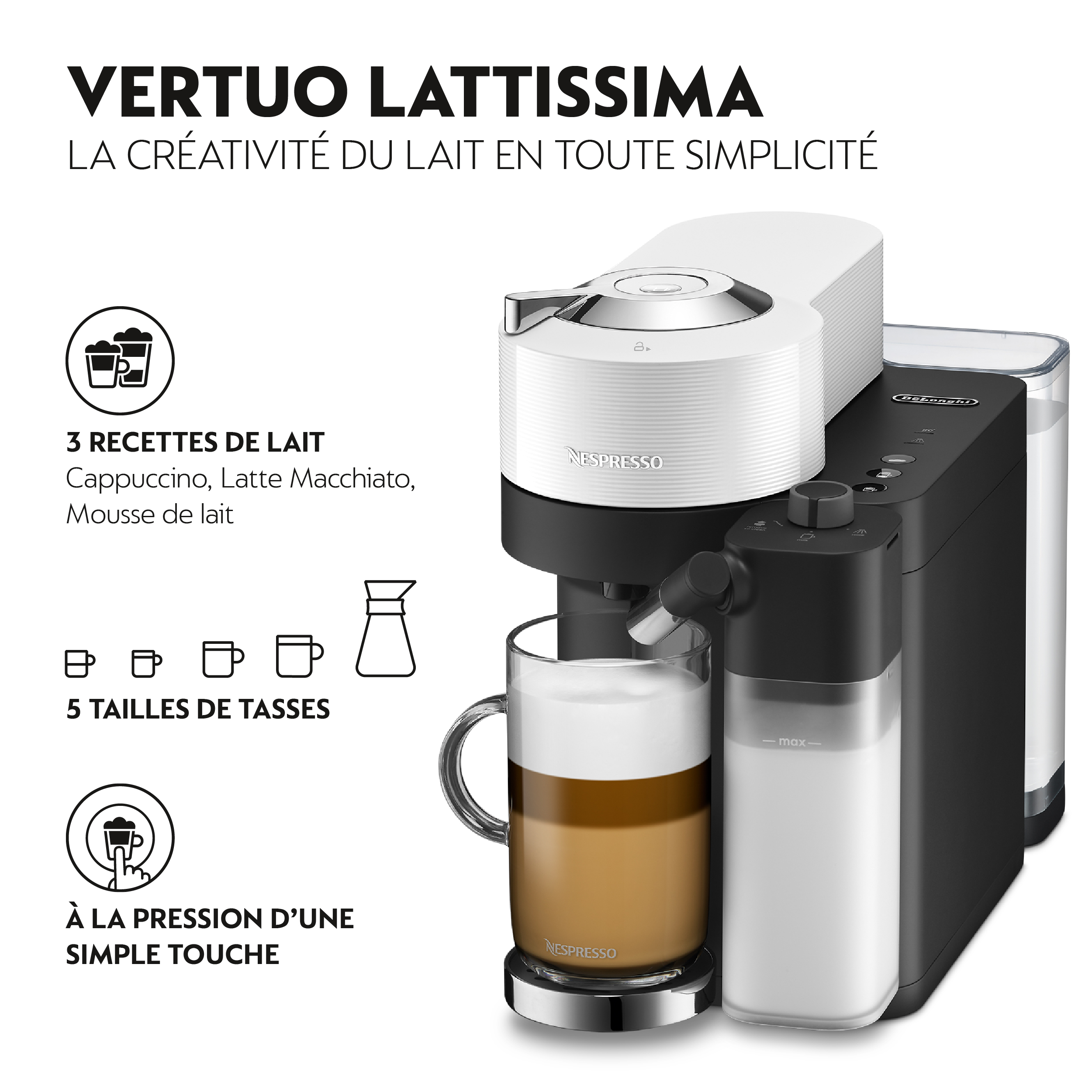 Une machine à café Nespresso Vertuo Lattissima avec un verre de mousse de lait.