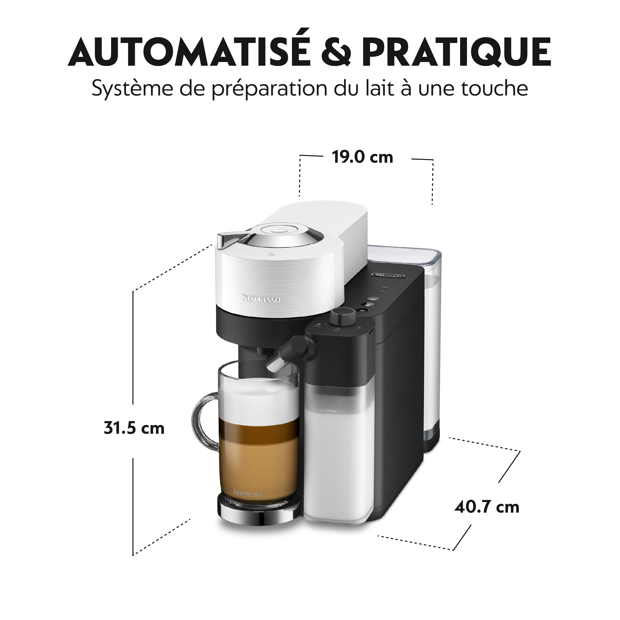 Machine à café blanche et noire avec un mug en verre. Les mesures sont indiquées : 19,0 cm, 31,5 cm et 40,7 cm.