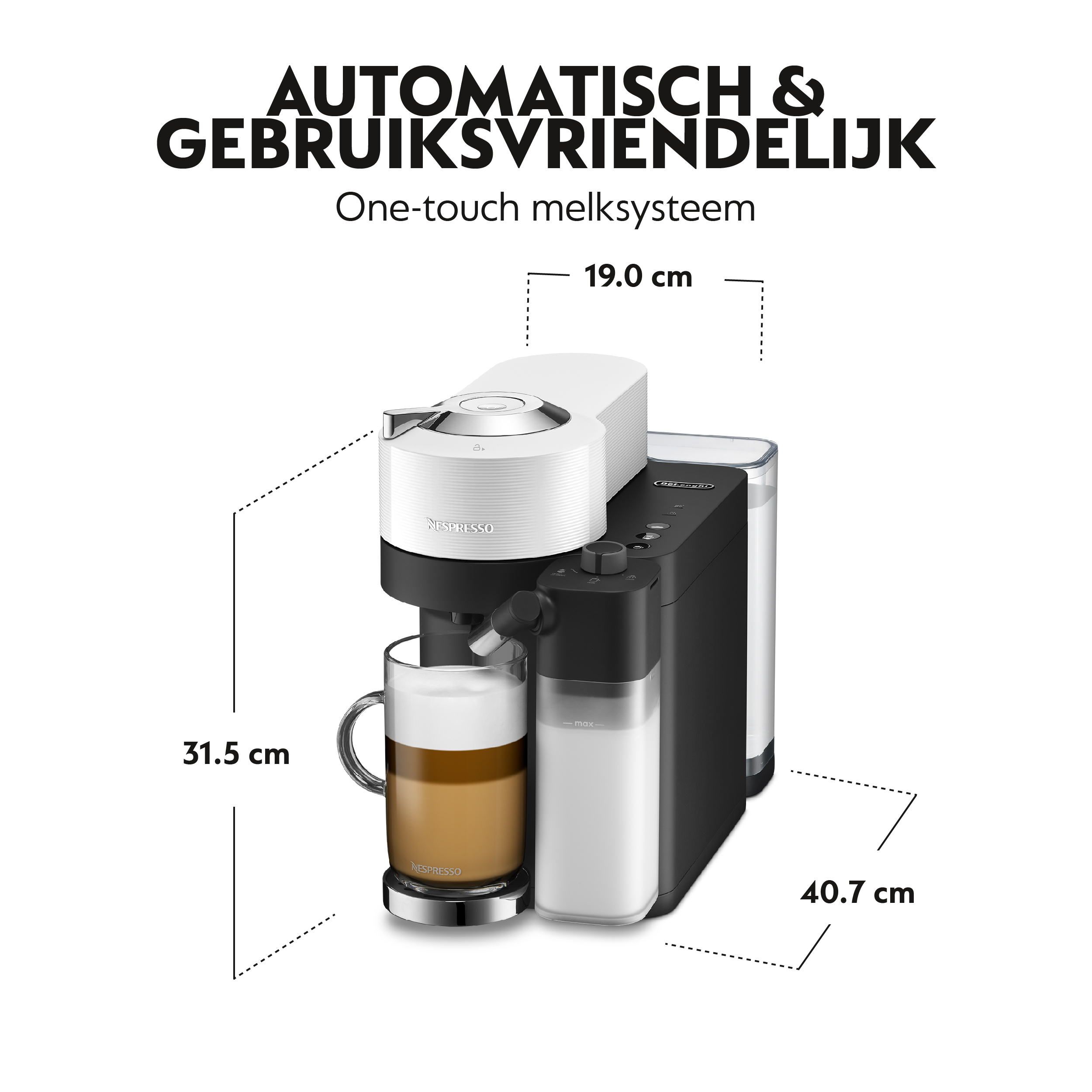 Black and white coffee machine with dimensions shown, next to a glass of coffee.