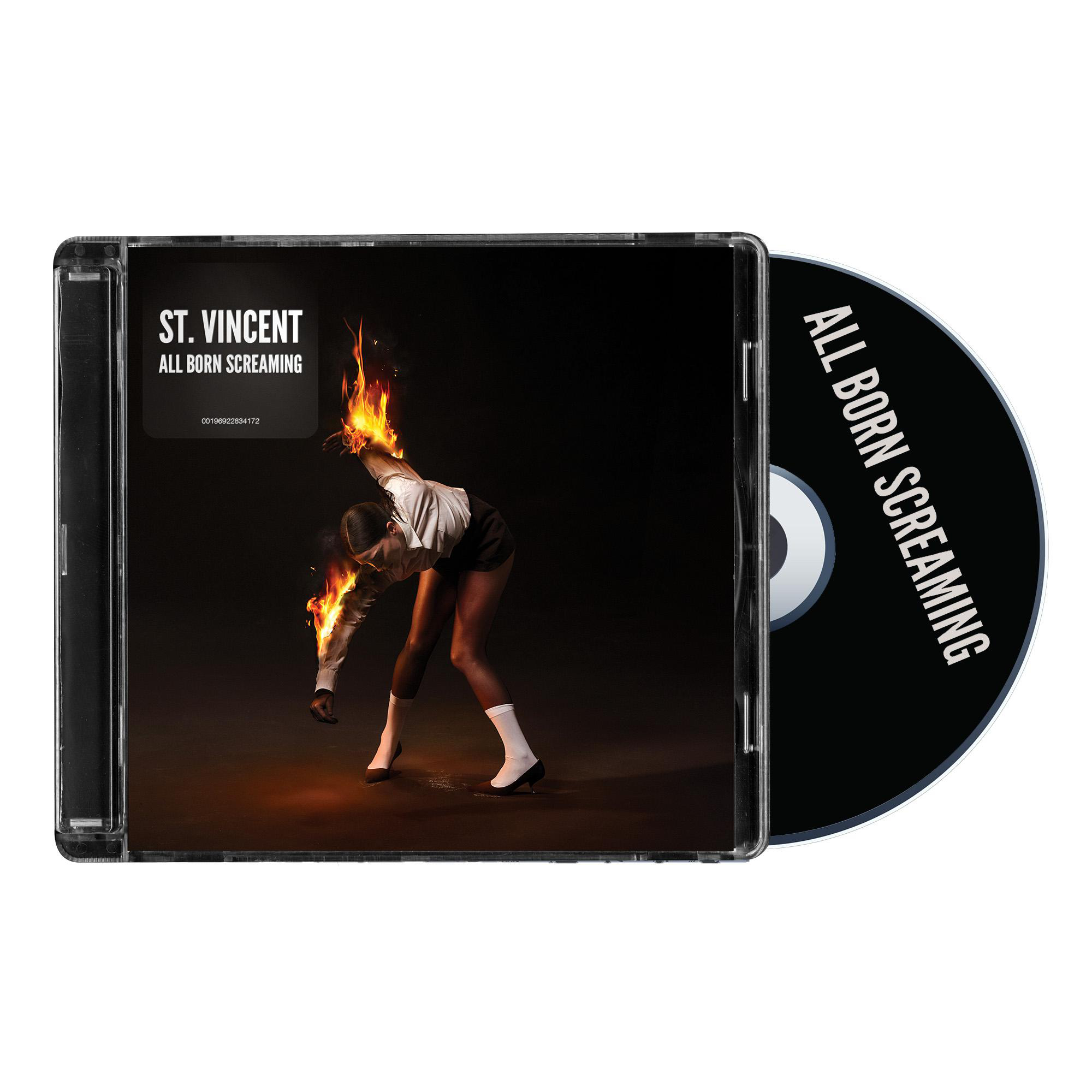 CD-Hülle mit brennender Frau auf dem Cover. Die CD ist schwarz mit weißem Text.