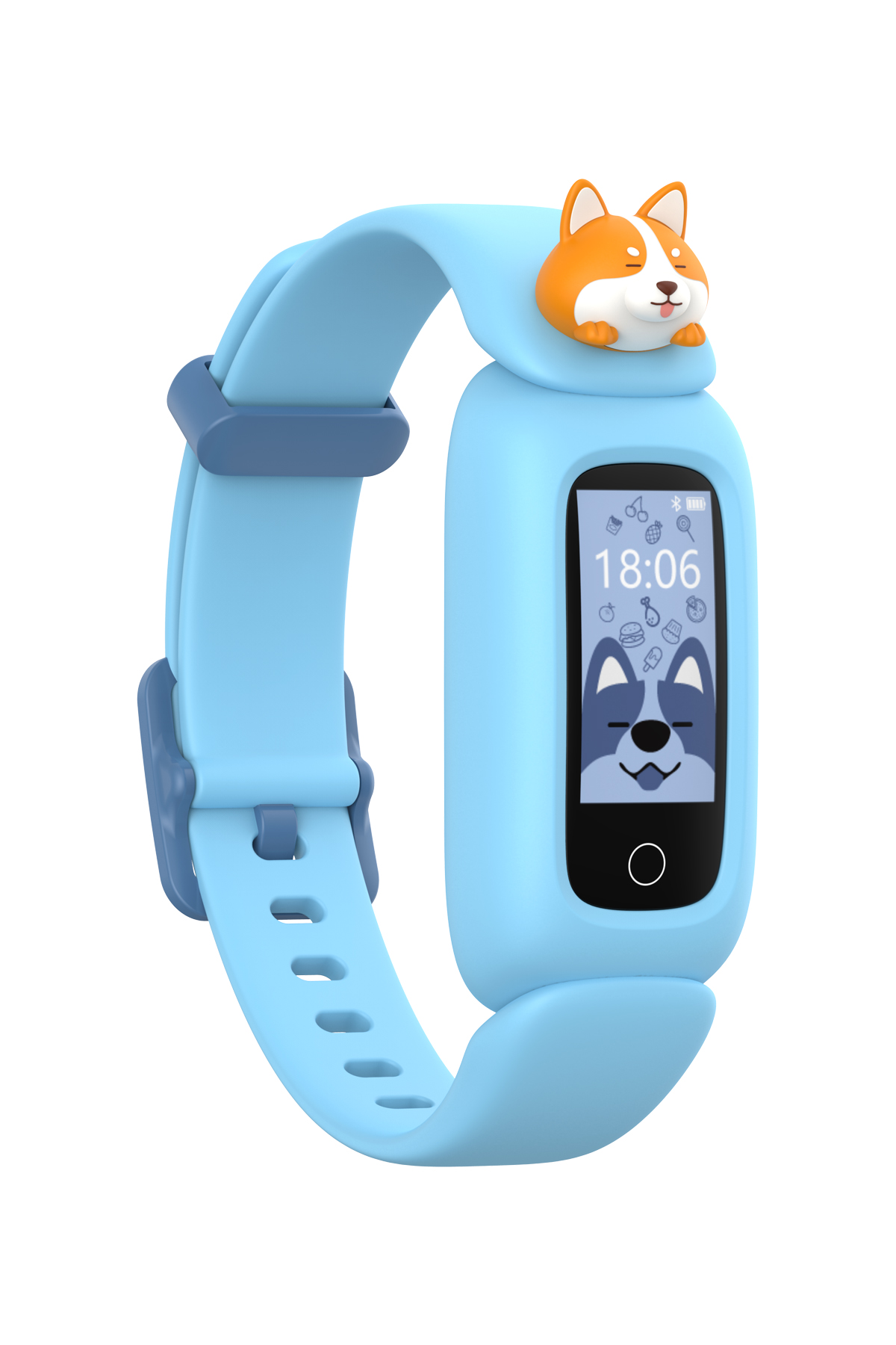 Üzerinde corgi köpek tasarımlı, açık mavi bir çocuk akıllı saati. Ekran saati gösteriyor.