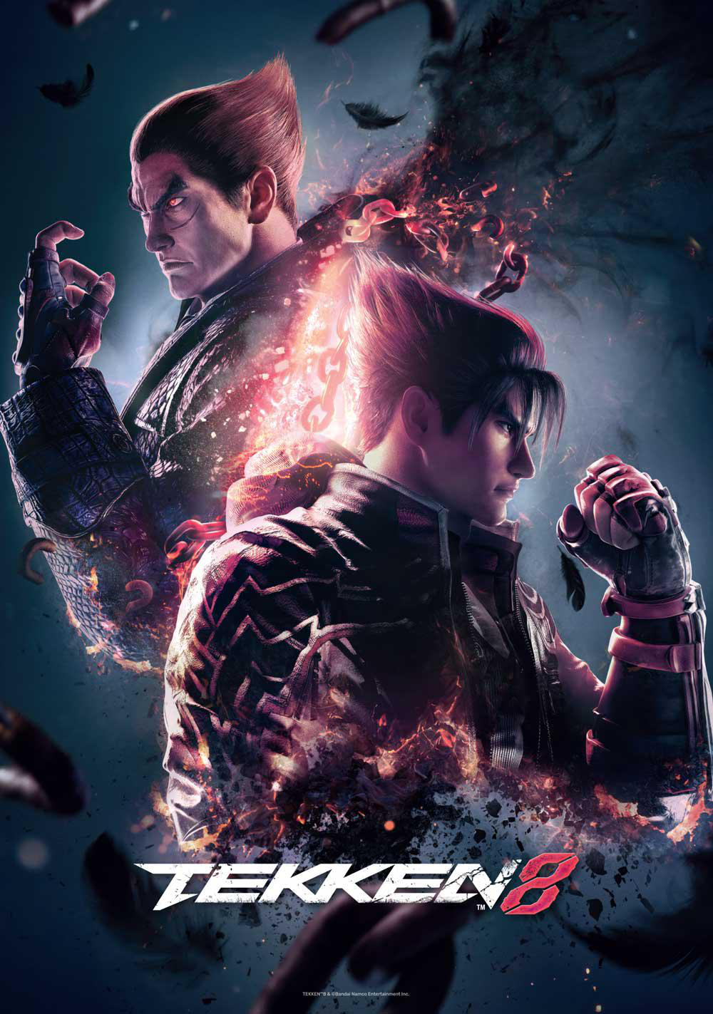 Tekken 8 Spielposter. Zwei Charaktere, einer oben, einer unten, mit Feuer.