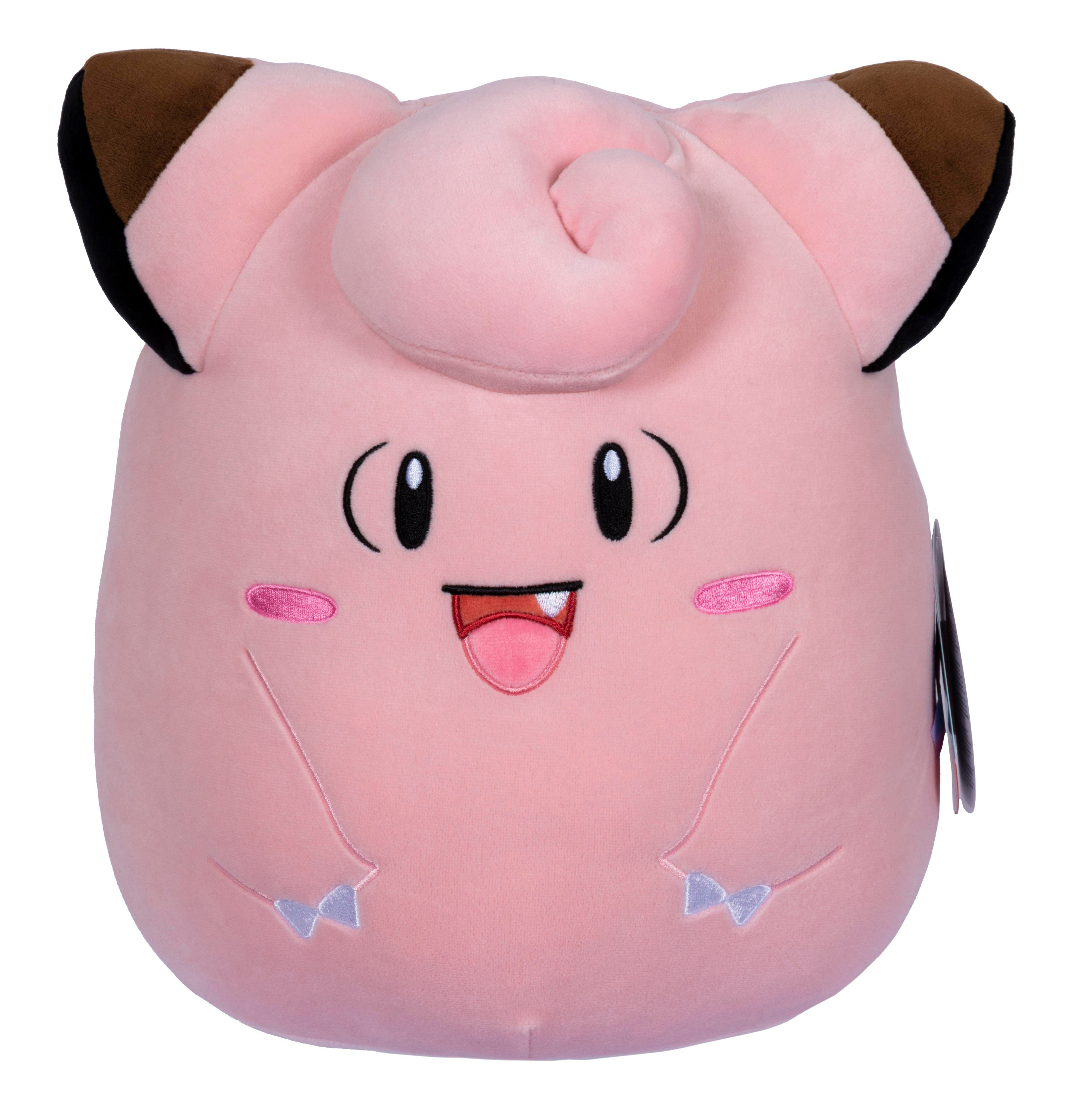 Rosa, plüschiges Clefairy-Spielzeug mit braunen Ohren und lächelndem Gesicht.