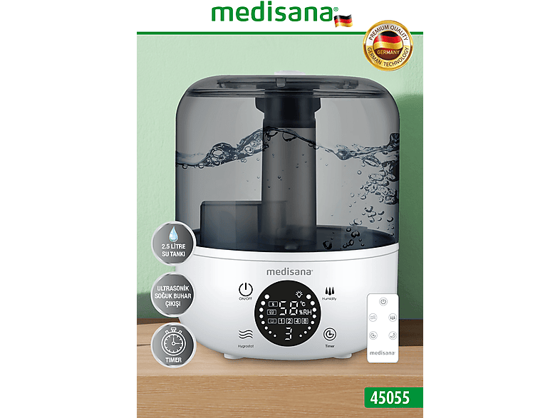 MEDISANA 45055 Ekranlı Aroma Fonksiyonlu 2.5L Buharlı Hava Nemlendirme Cihazı Beyaz_2