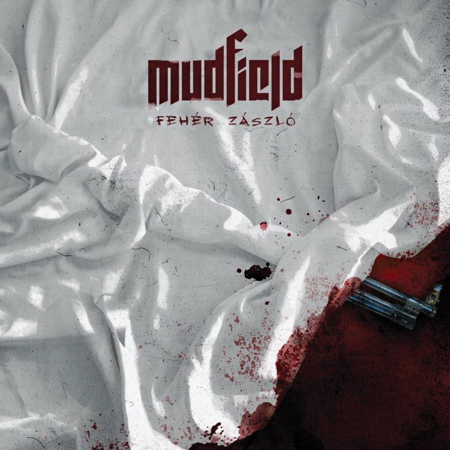 Album borító. Fehér lepedő vércseppekkel és a Mudfield szóval.