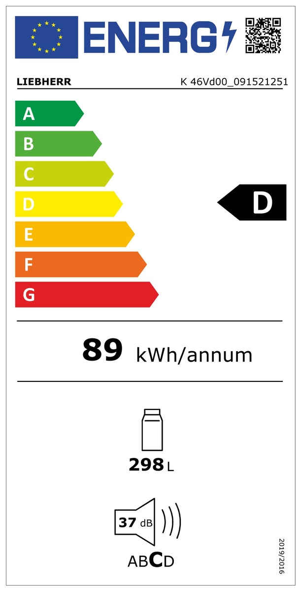 Hűtőszekrény energia címke, Liebherr márka, D energiaosztály, 89 kWh/év.