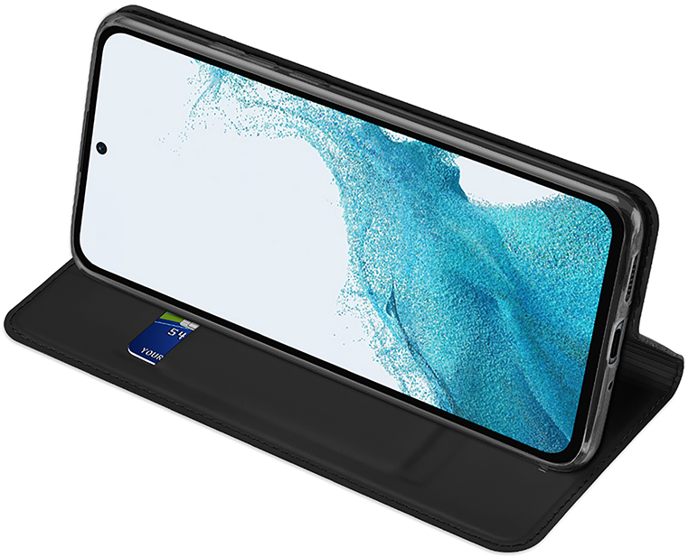 Fekete telefontok egy okostelefonnal. A telefon szögben van, a képernyő látható, kártyanyílással.