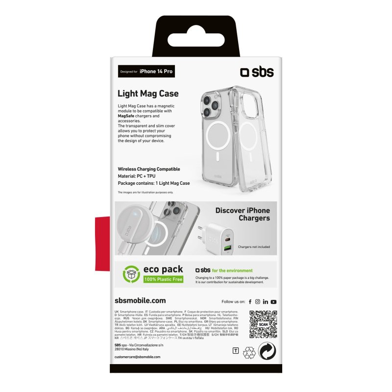Eine weiß-schwarze Produktbox zeigt eine iPhone-Hülle und ein Ladegerät mit Text über die Hülle.