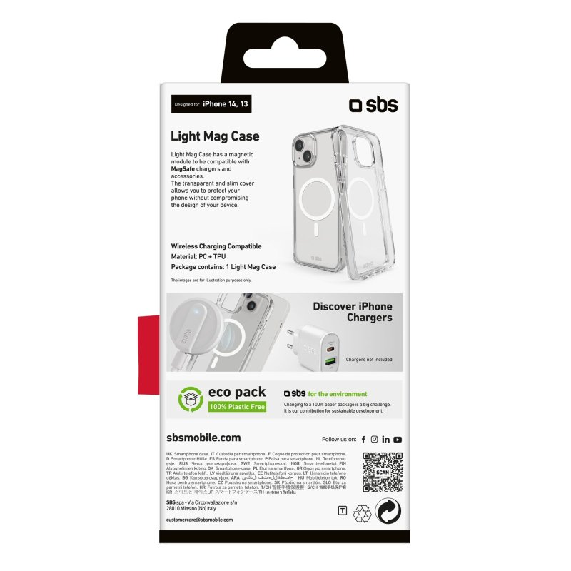 Verpackung für eine iPhone-Hülle, die die Hülle und ihre Funktionen zeigt.
