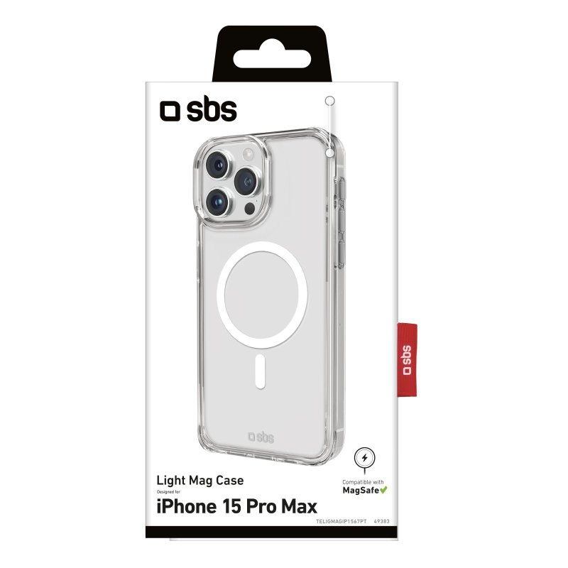 iPhone 15 Pro Max Hülle. Klare Hülle mit MagSafe-Kreis und rotem sbs-Etikett.