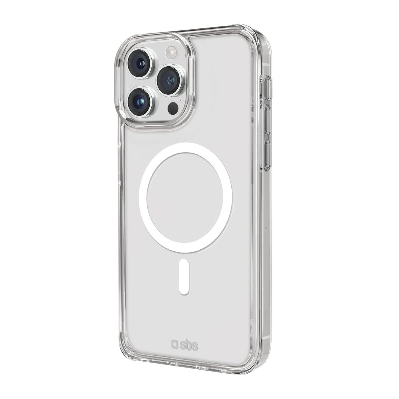 Transparente iPhone-Hülle mit Kameraausschnitt und Magnetkreis auf der Rückseite.