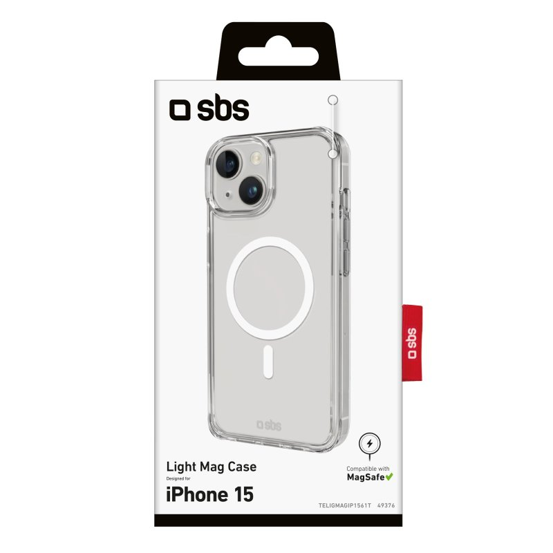 Eine transparente Light Mag Case für ein iPhone 15. Es befindet sich in einer weiß-schwarzen Box.