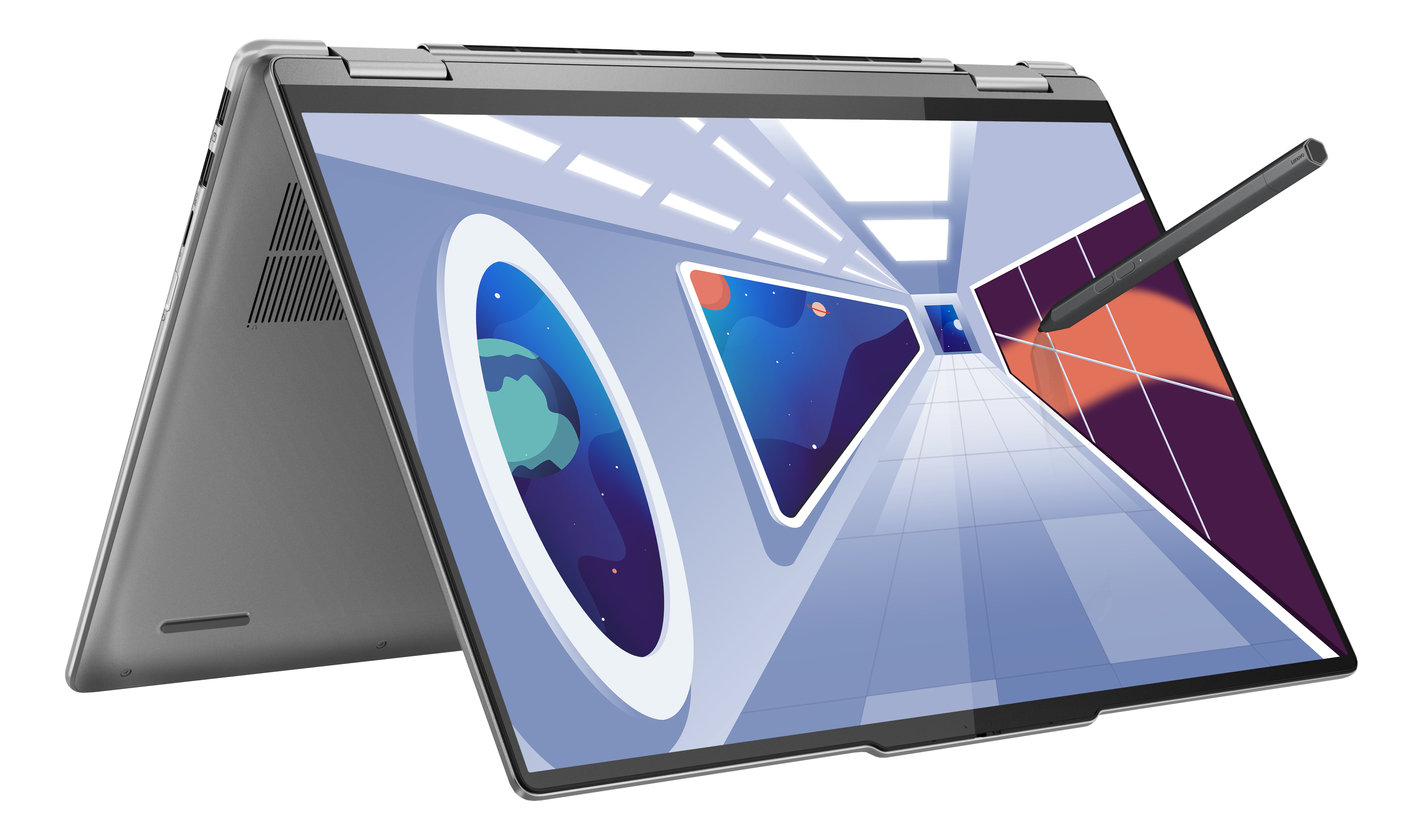 Ein grauer Laptop mit einem Bildschirm, der eine Weltraumszene zeigt, mit einem Stift, auf schwarzem Hintergrund.
