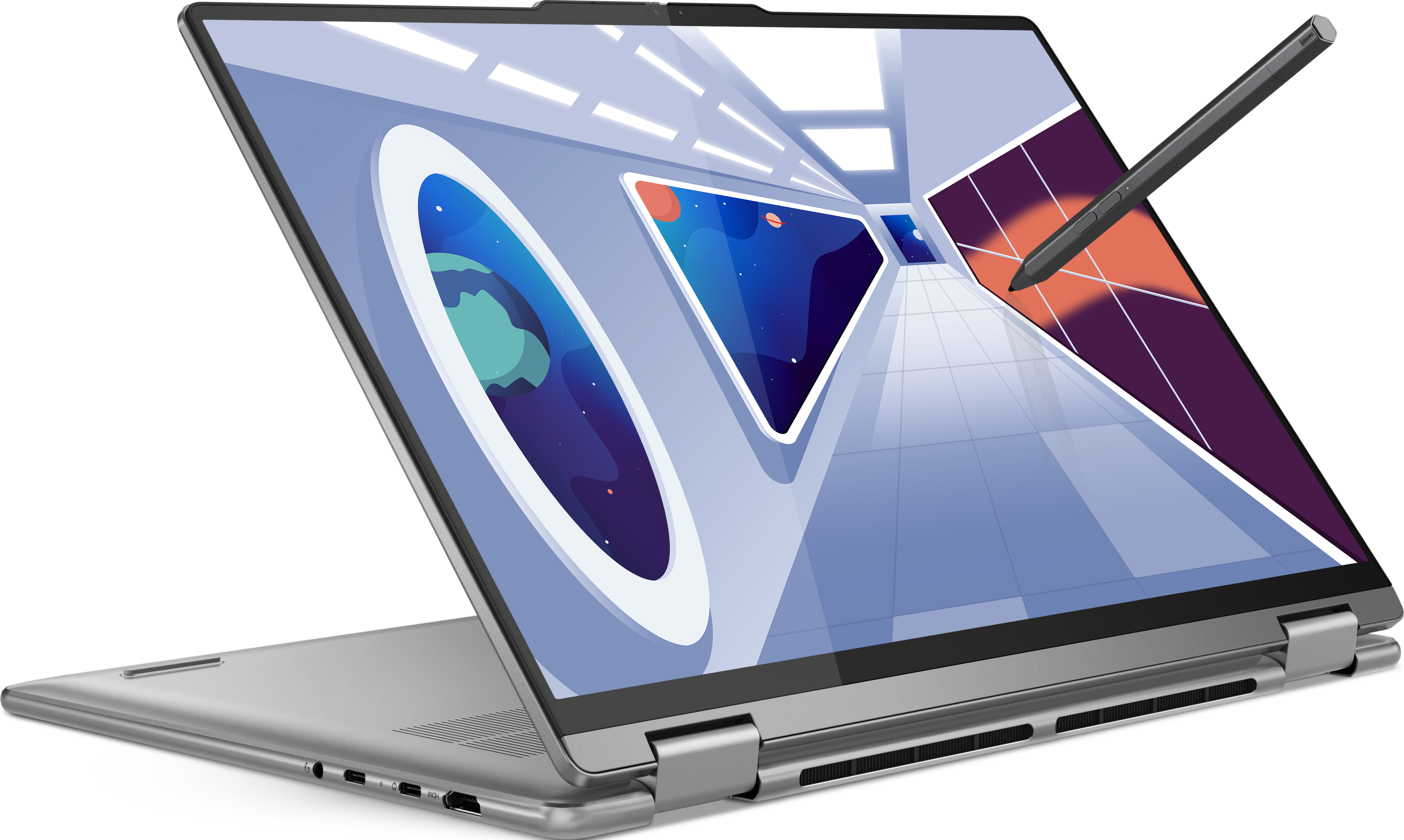 Silberner Laptop mit einem Stift über dem Bildschirm, der eine Weltraumszene zeigt.