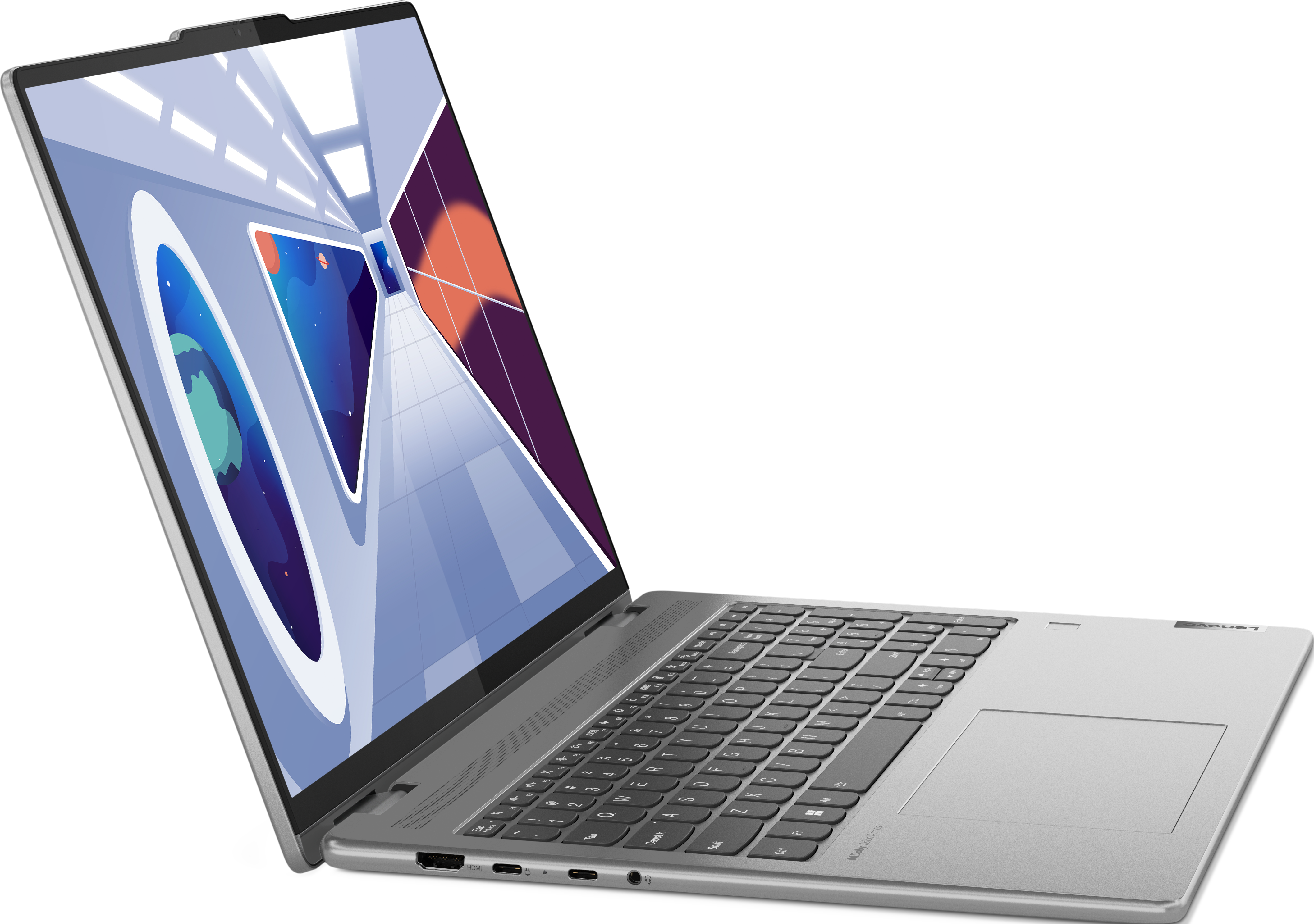 Laptop mit Bildschirm, der eine futuristische Szene zeigt, und grauer Tastatur.
