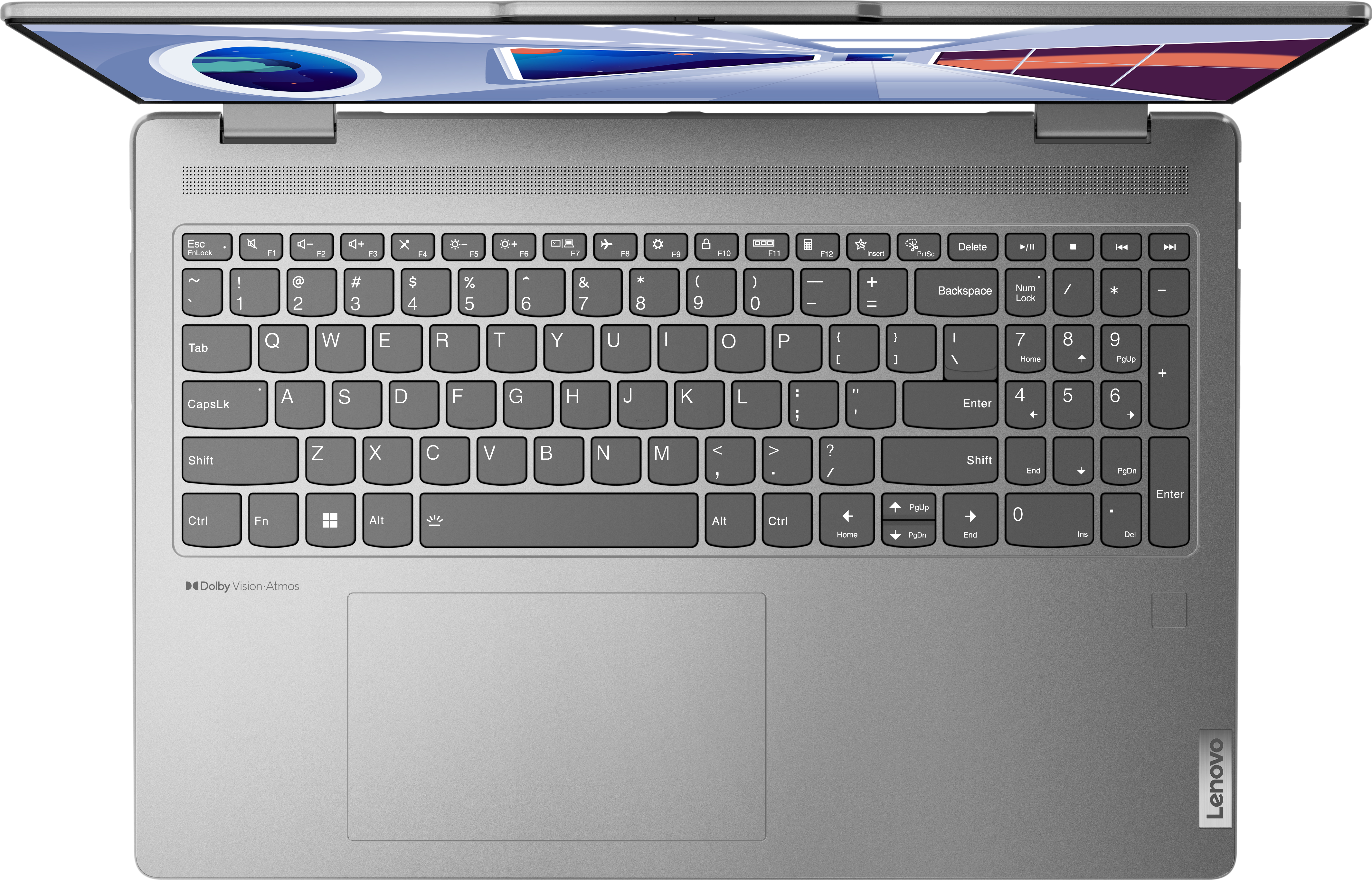 Draufsicht auf einen Laptop. Tastatur sichtbar, geöffneter Deckel mit Landschaftsbildschirm.