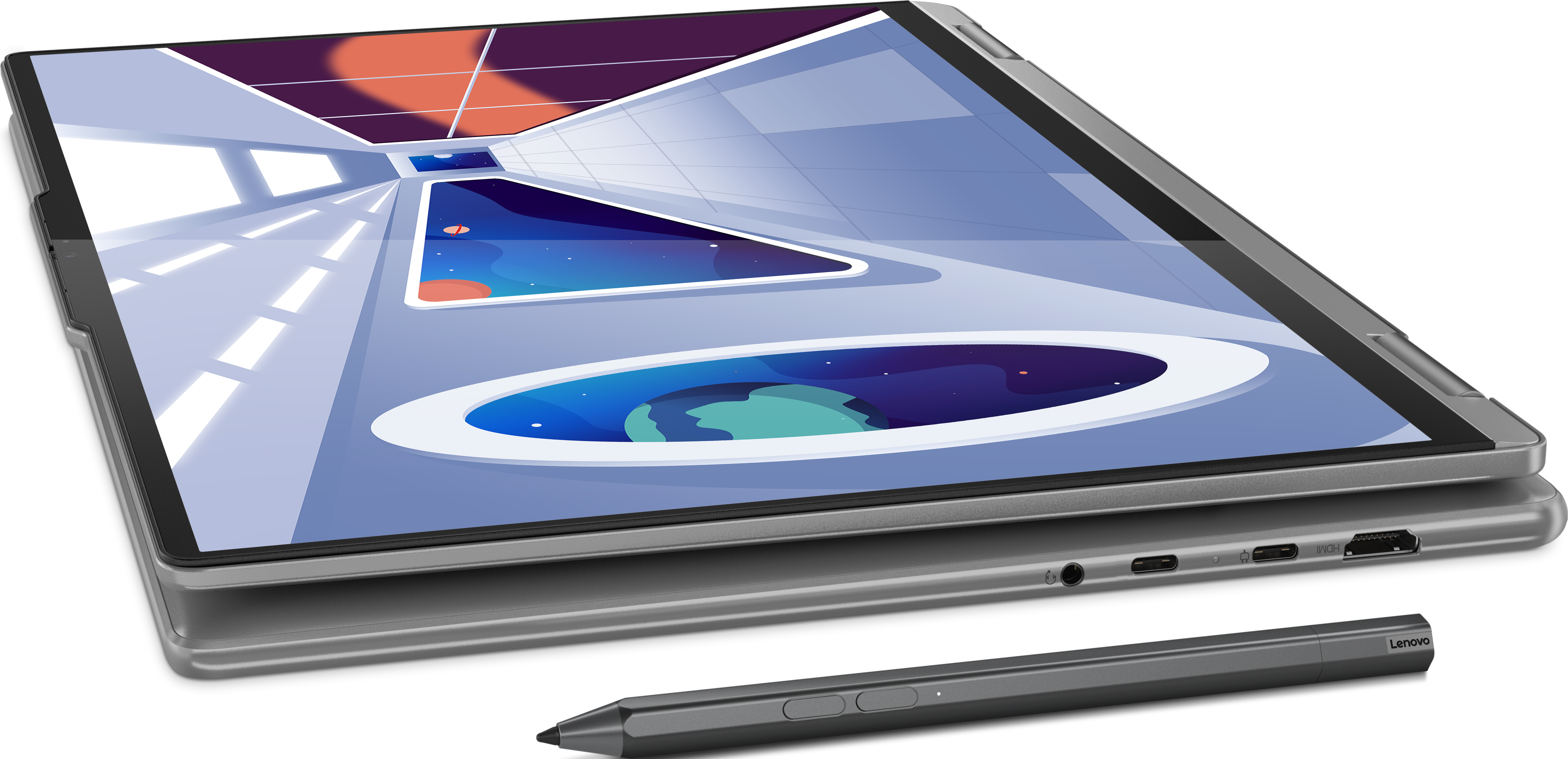Ein Lenovo Tablet mit einem Bildschirm, der einen futuristischen Innenraum mit Sternen zeigt.