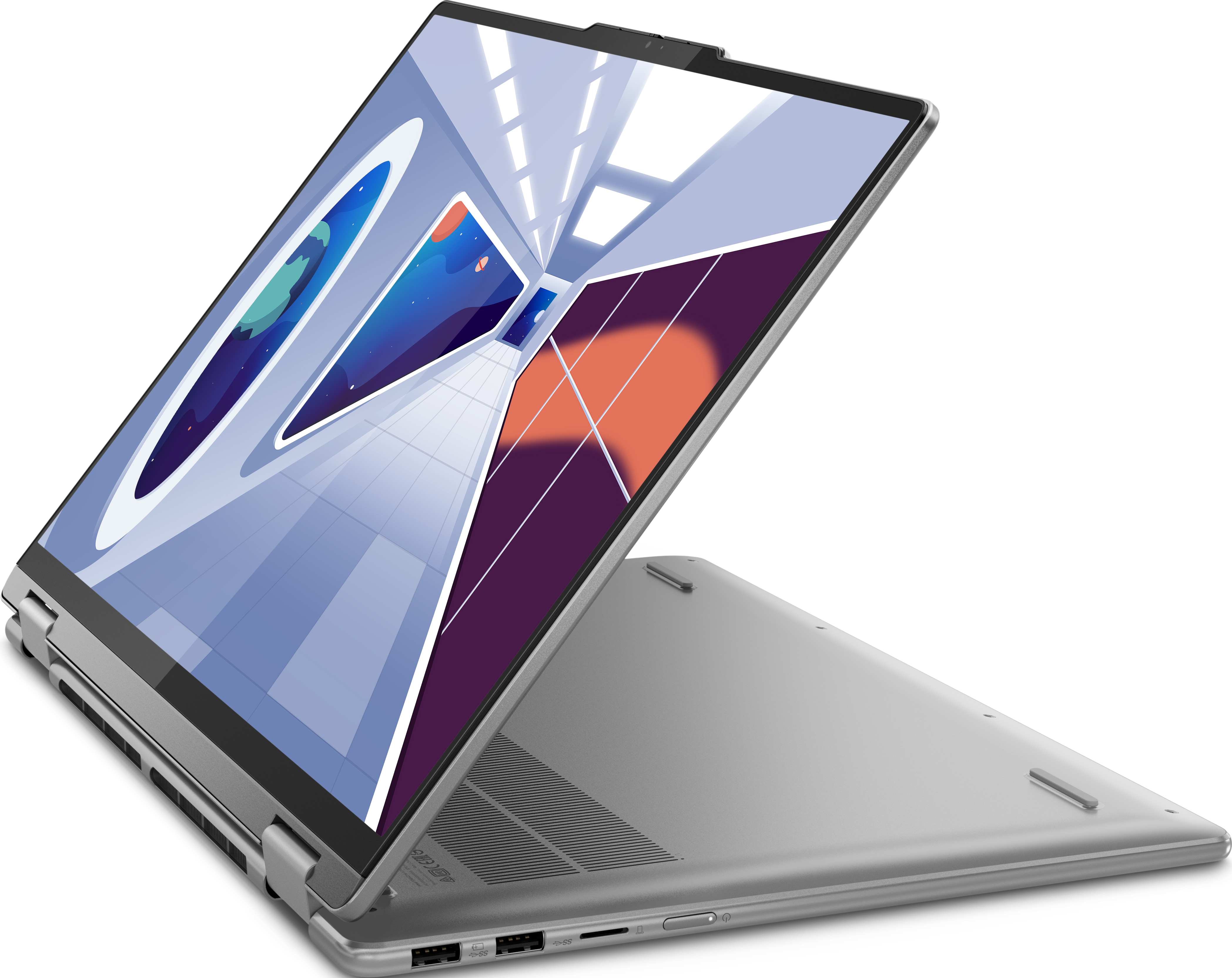 Ein silberner Laptop mit einem Bildschirm, der eine bunte Weltraumszene zeigt.