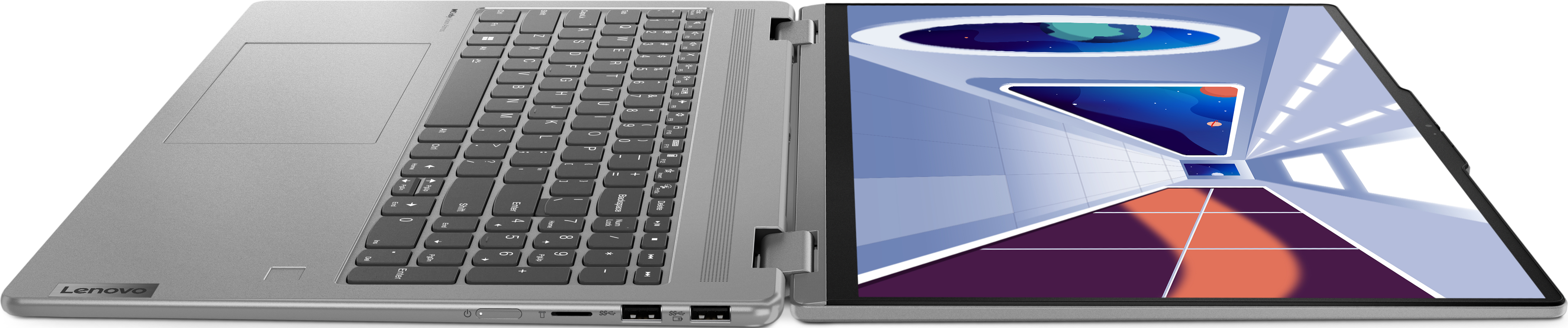 Ein silberner Laptop mit einem Bildschirm, der eine Innenszene zeigt, um 180 Grad geöffnet.