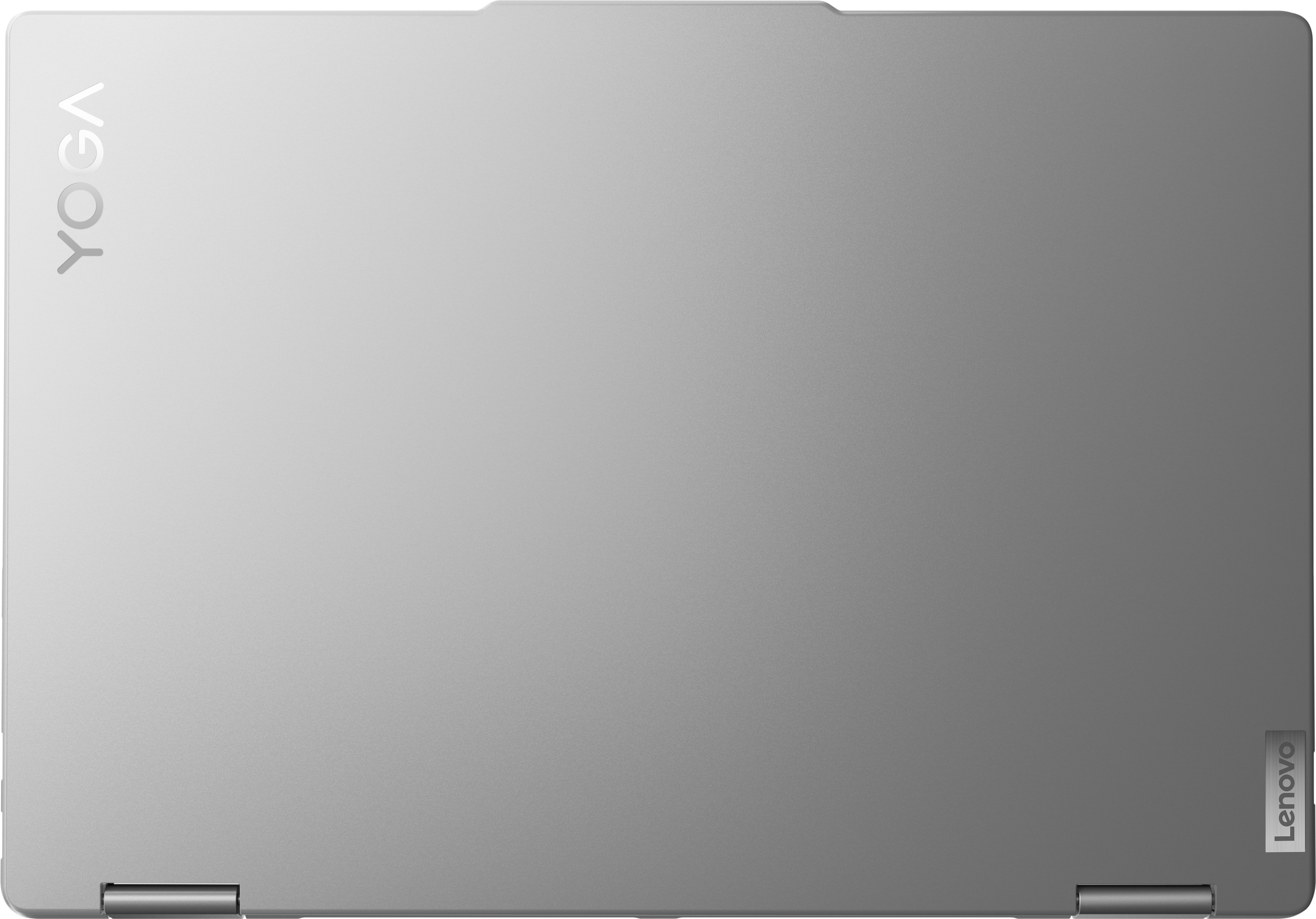 Ein silbernes Lenovo Yoga-Laptop, geschlossen, mit Yoga-Logo und Lenovo-Branding sichtbar.