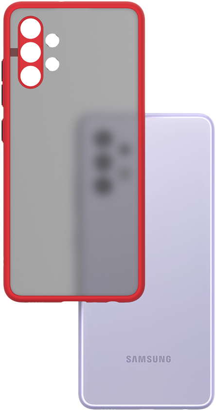 Egy telefontok hátulja, átlátszó szürke piros szegéllyel, egy lila telefon mellett.