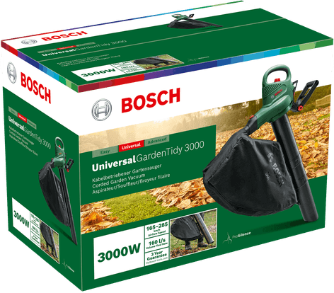 Bosch kerti porszívó a dobozában. Zöld és fekete, kilátással egy kertre.