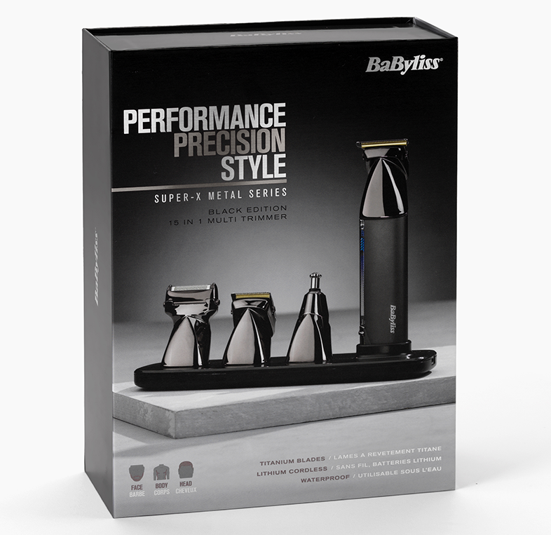 Egy fekete BaByliss trimmer szett több tartozékkal.