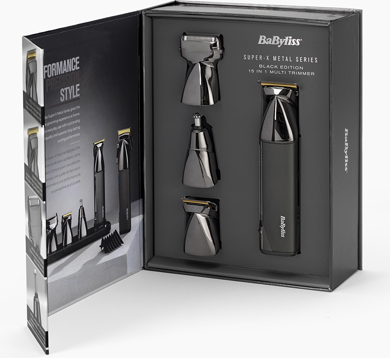 Egy fekete BabyLiss trimmer készlet dobozban, különböző tartozékokkal.