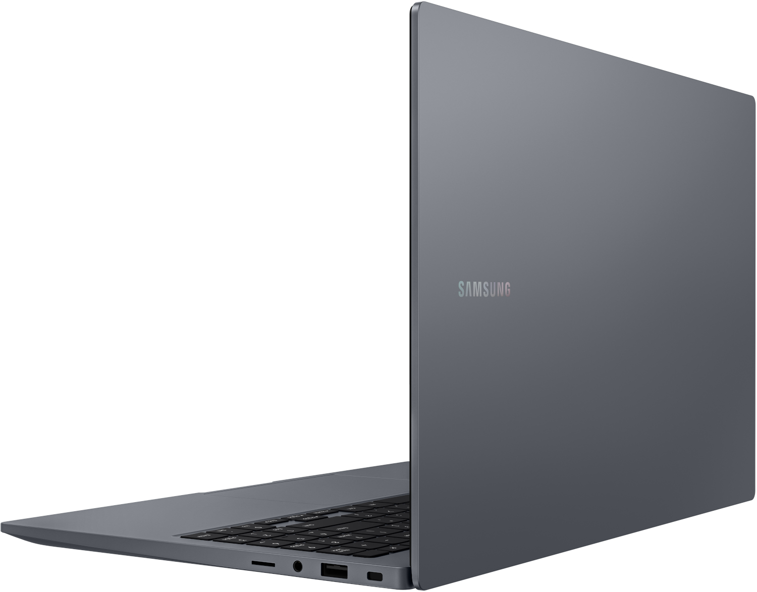 Un ordinateur portable Samsung gris, vue arrière, sur fond blanc.