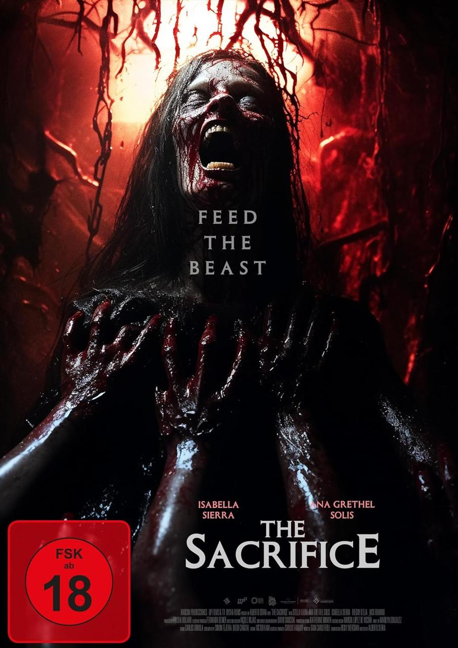 Horrorfilmplakat. Eine Frau mit Blut im Gesicht und an den Händen schreit.