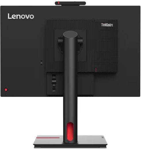 Die Rückseite eines schwarzen Lenovo ThinkCentre Monitors mit Anschlüssen und rotem Akzent.