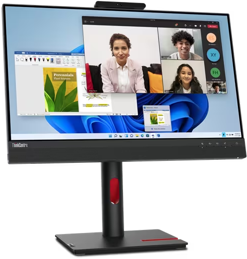 Lenovo ThinkCentre All-in-One-Desktop mit Bildschirm, der eine Videokonferenz und Dokumente zeigt.