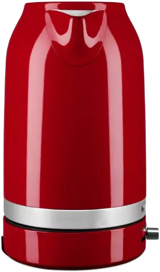Piros KitchenAid elektromos vízforraló. Fényes felület, fémes díszítés. Fekete bekapcsoló gomb az alapon.